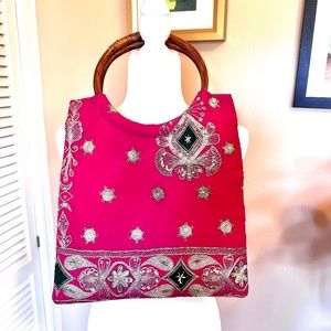 Vintage Embroidered Indian Bag with Bamboo Handles